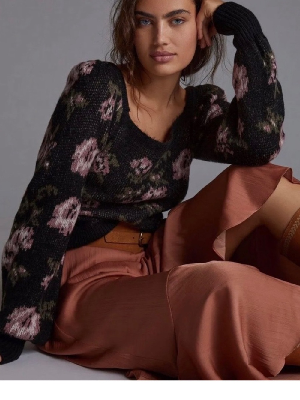 Anthropologie Square Neck Floral Print Puff Sleeve Sweater Sz M